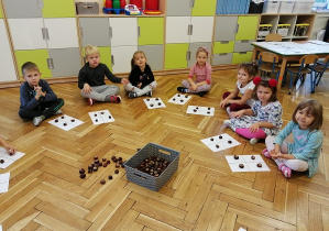 dzieci układają kasztany według insytukcji nauczyciela